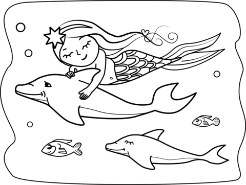 Mermaid With Dolphin Coloring Page